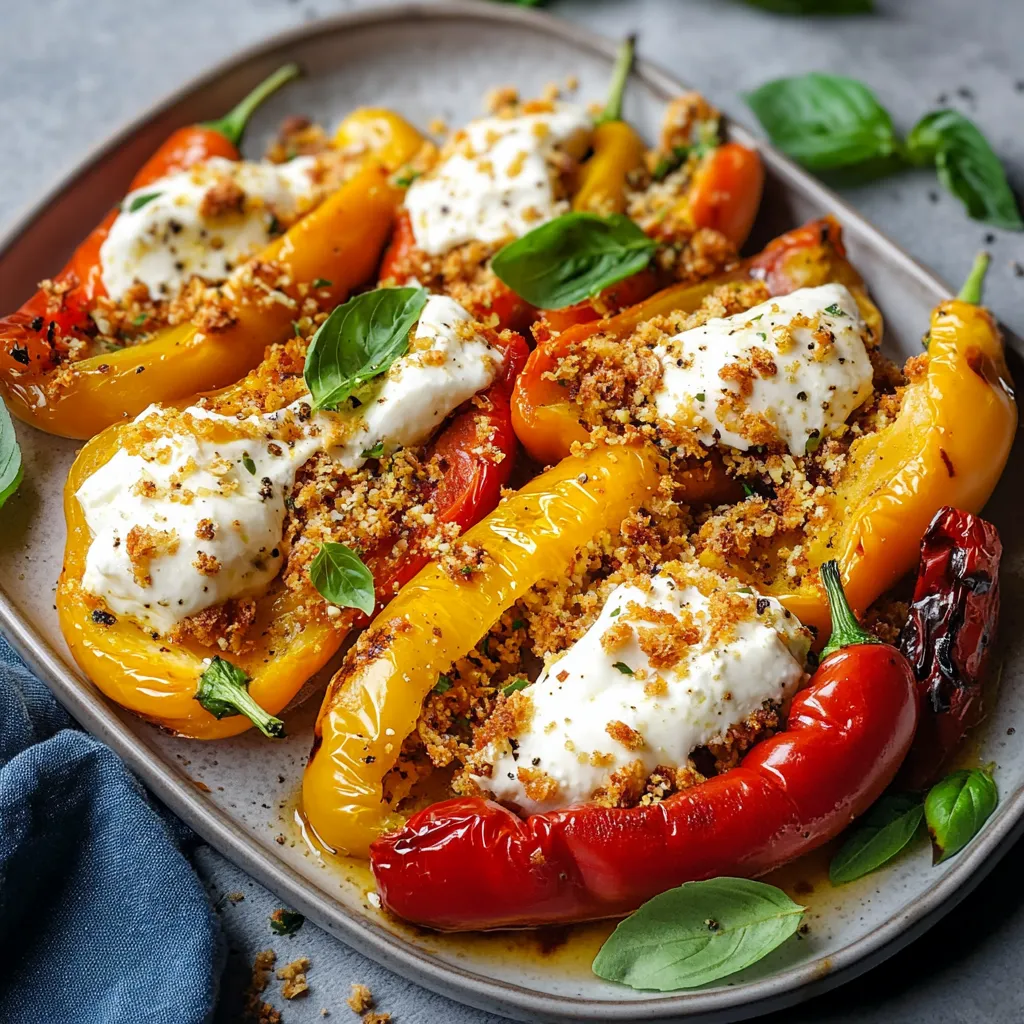 Piatti di peperoni con ricotta e basilico.