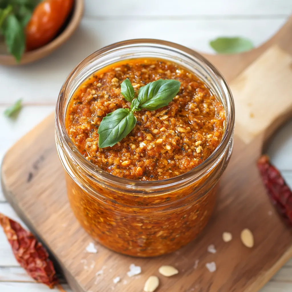 Un vasetto di pesto rosso con basilico fresco.