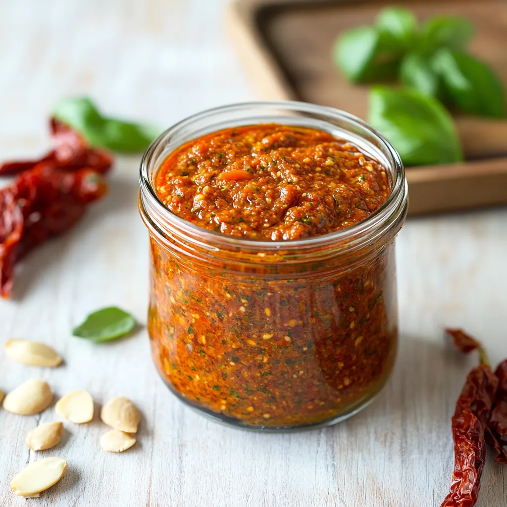 Un contenitore di salsa con foglie di basilico.