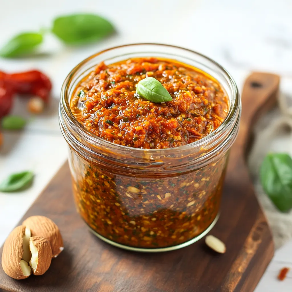 Un contenitore di salsa con foglie di basilico.