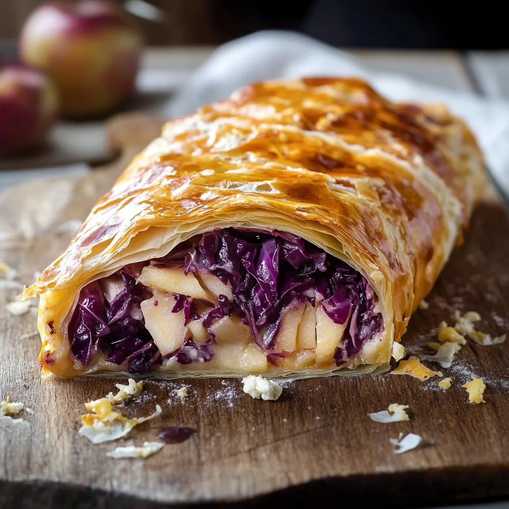 Un pane di strudel con verdure e frutta.