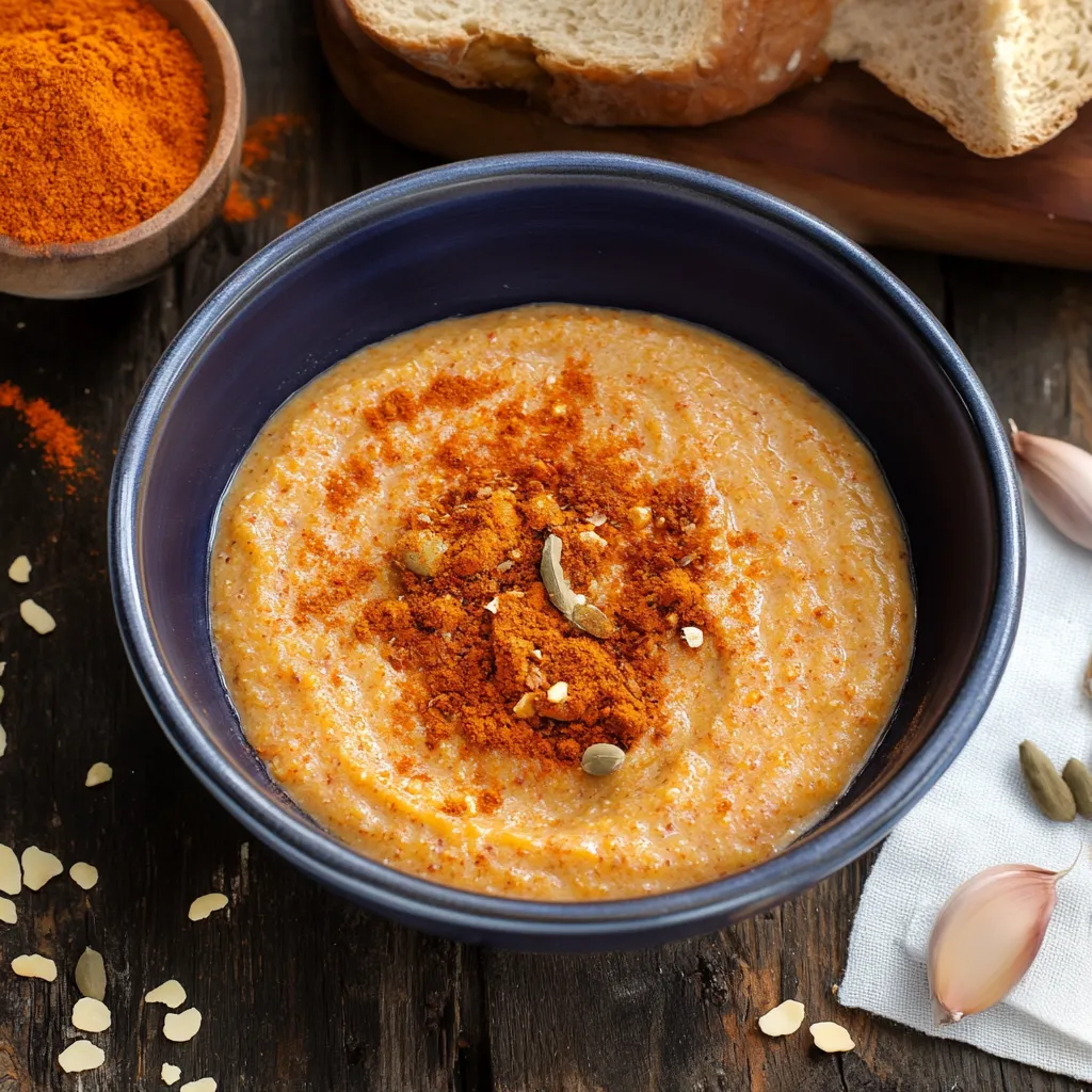 Ciotola di purea bissara con cumino e paprika.