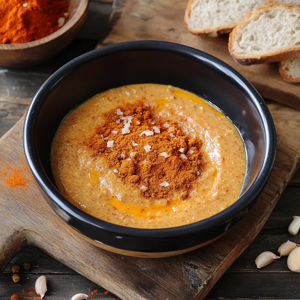 Una ciotola di crema di pomodoro con grani di peperoncino.