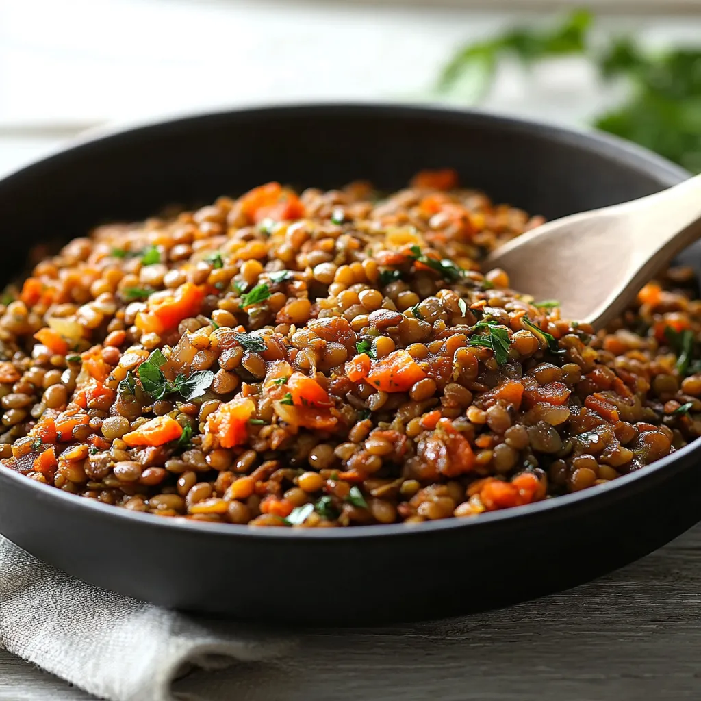 Piatto di lenticchie con carote fresche e basilico.