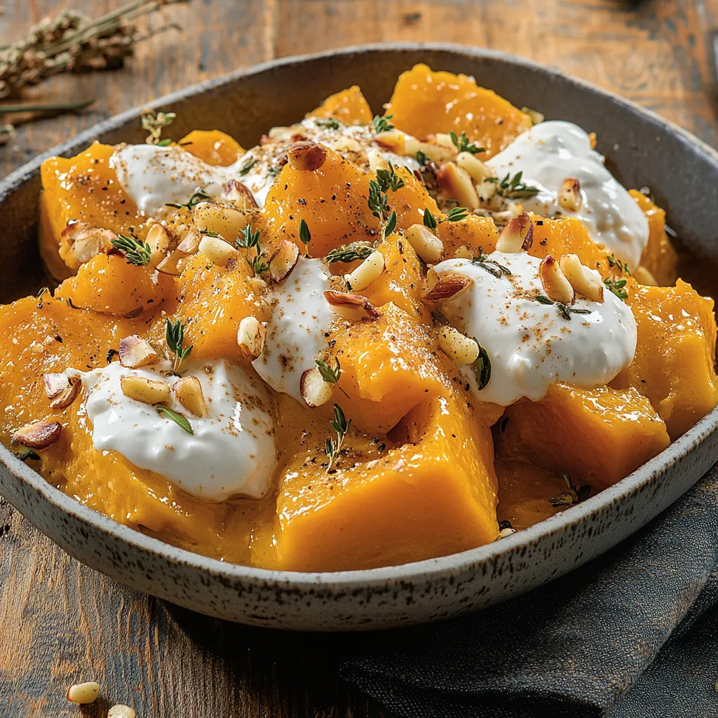 Ciotola di zucca al forno con salsa yogurt e pinoli tostati.