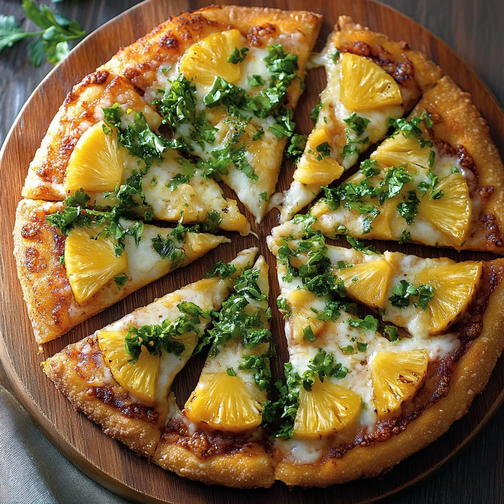 Pizza con ananas arrosto e verdure fresche.