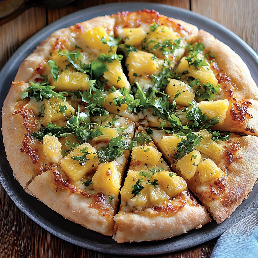 Una pizza con frullato di pineapple e verdura.