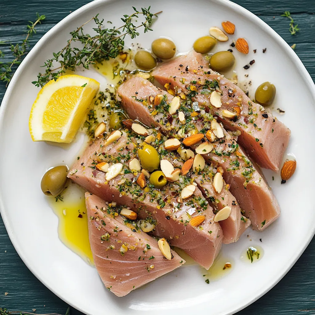 Piatti di pesce con olive e noci.