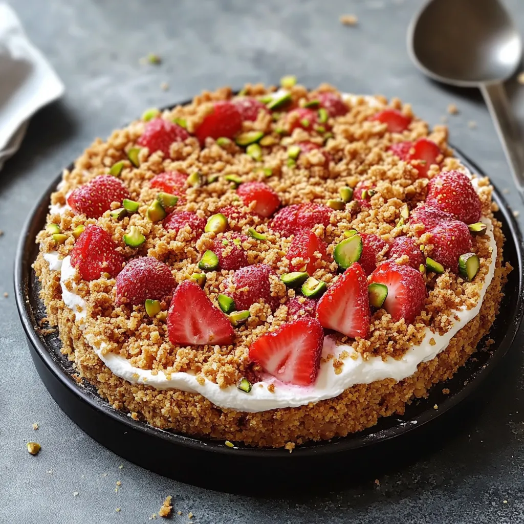 Dolce fresco con strati di crema e frutta con guarnizione di frutta secca.