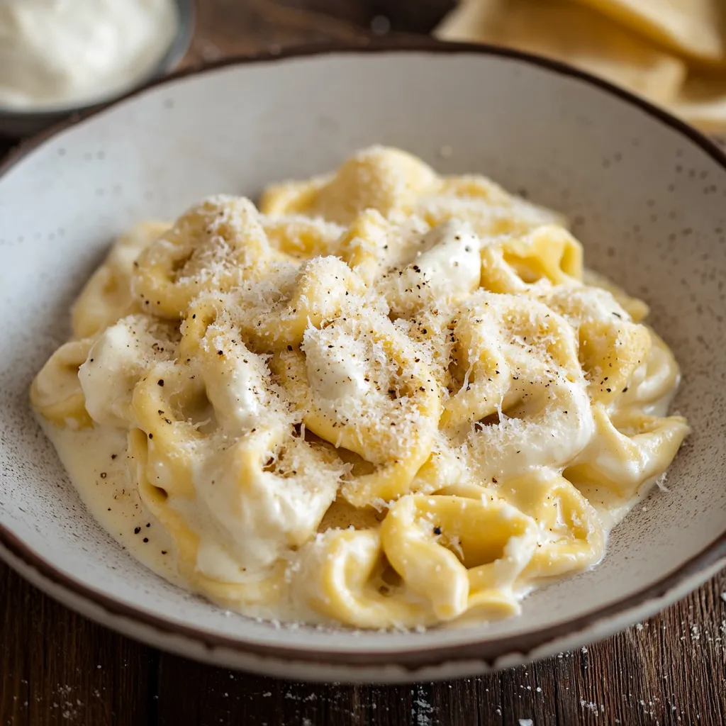 Piatto di tortellini cremosi al parmigiano.
