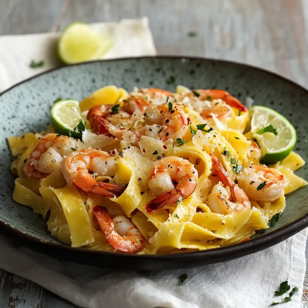 Piatto di pasta ai gamberi freschi.