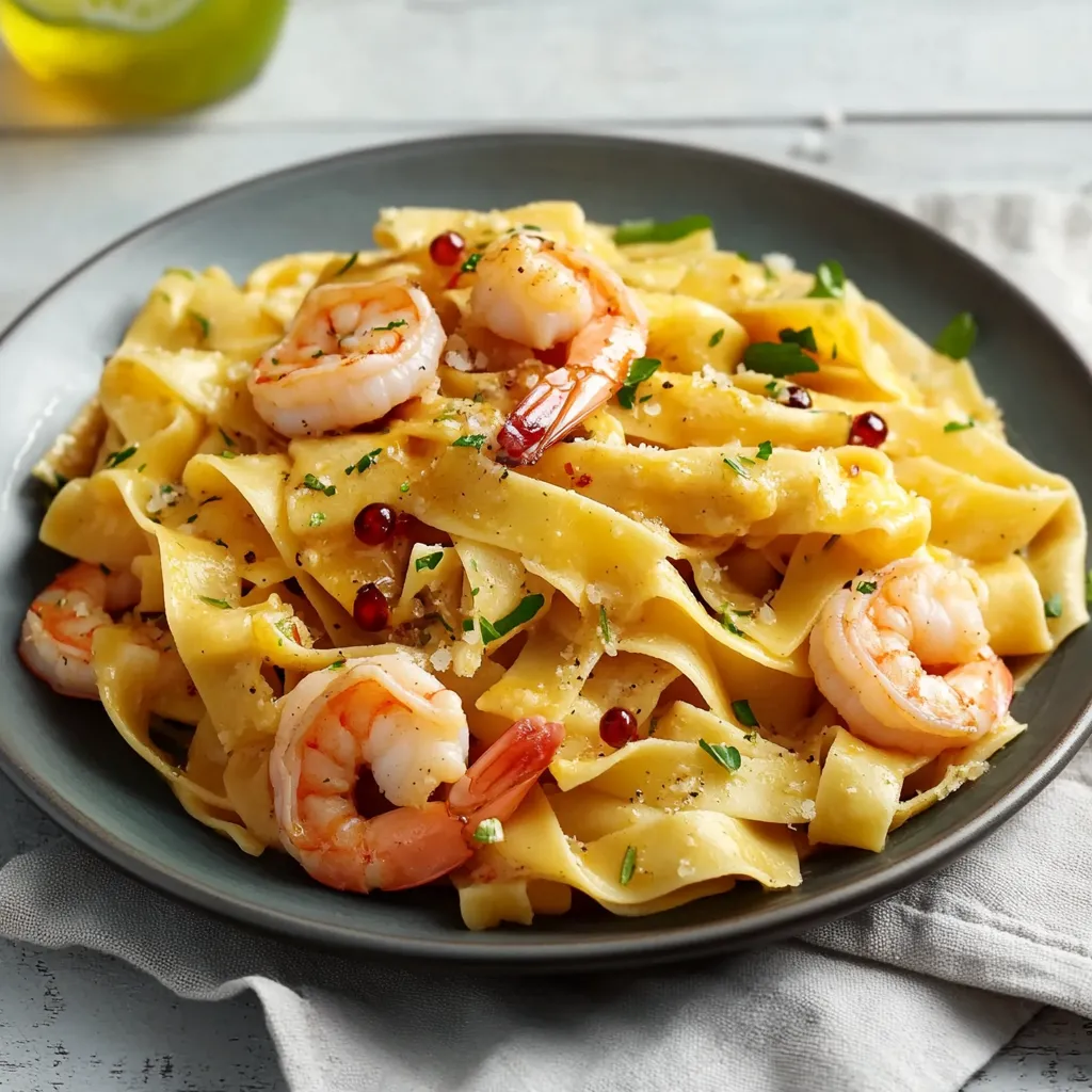 Penne con gamberi e basilico.