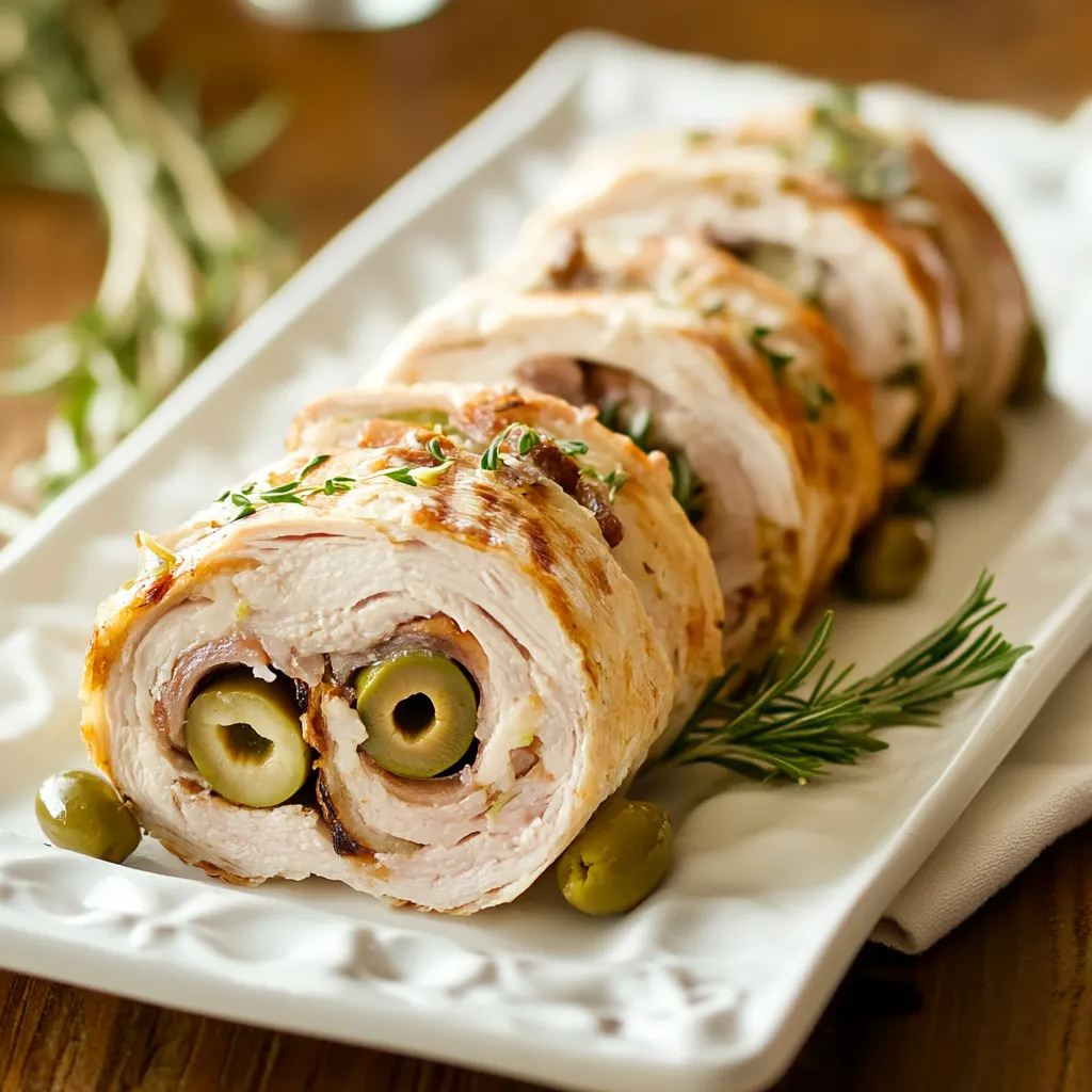 Un pezzo di carne avvolto in un involtino con olive e peperoncini.