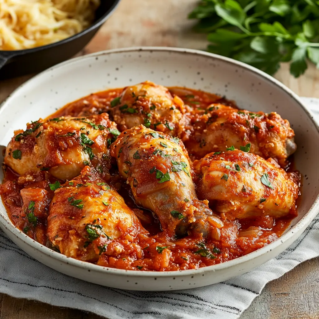 Pollo servito con sugo rosso.