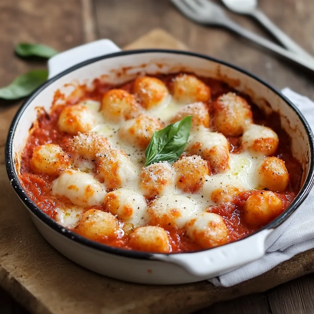 Deliziosi piatti di gnocchi al sugo con mozzarella e basilico.