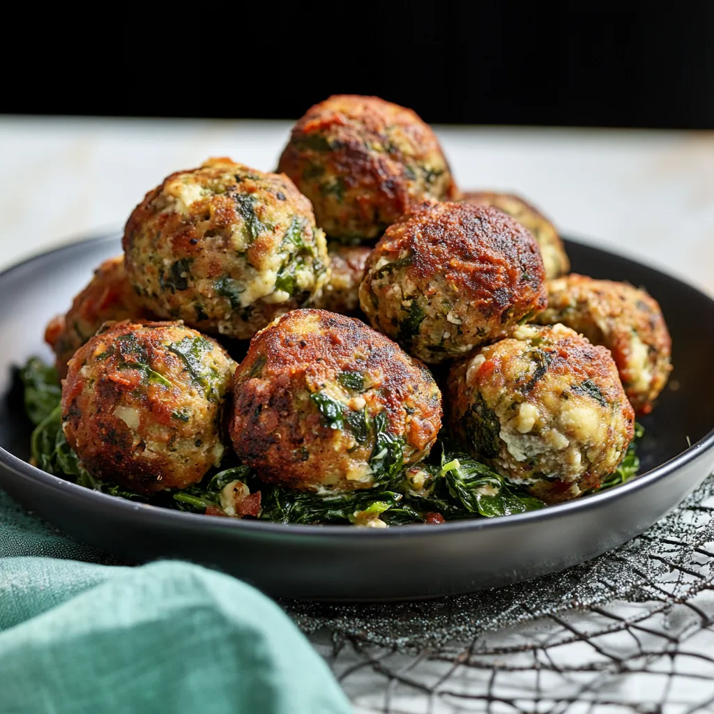 Un piatto pieno di polpette di spinaci.