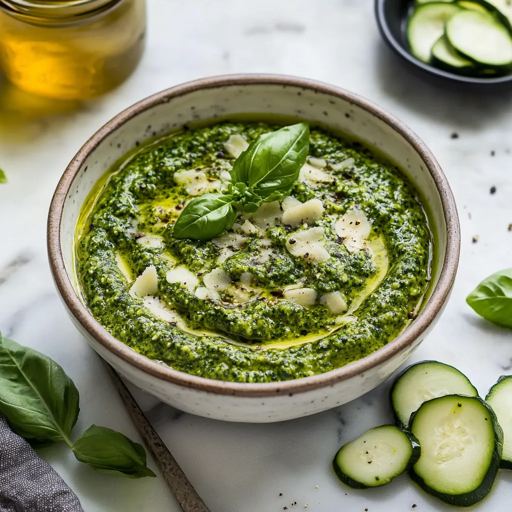Ciotola di pesto verde con cipolla e basilico.