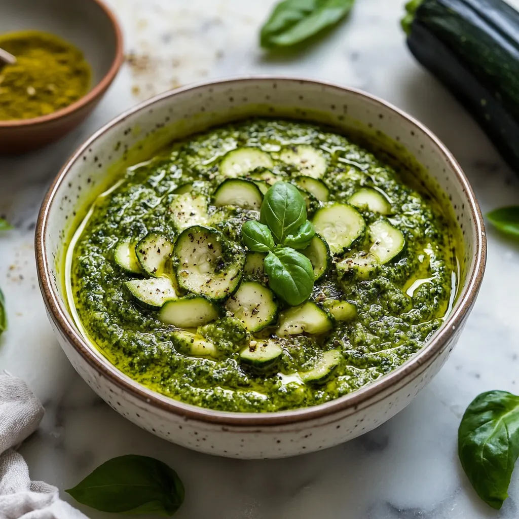 Una ciotola di zuppa verde con cipolla e basilico.