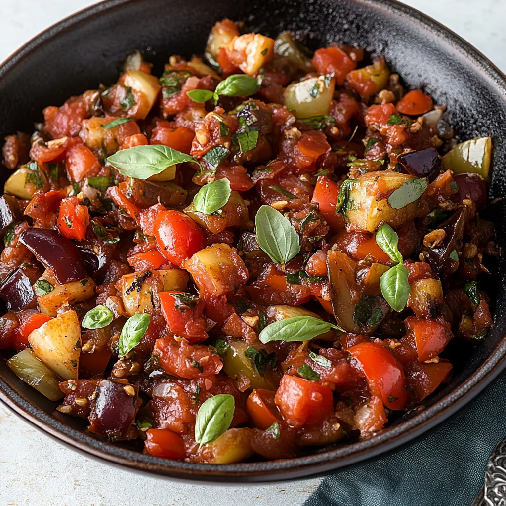 Verdure mediterranee con melanzane in una ciotola appetitosa.