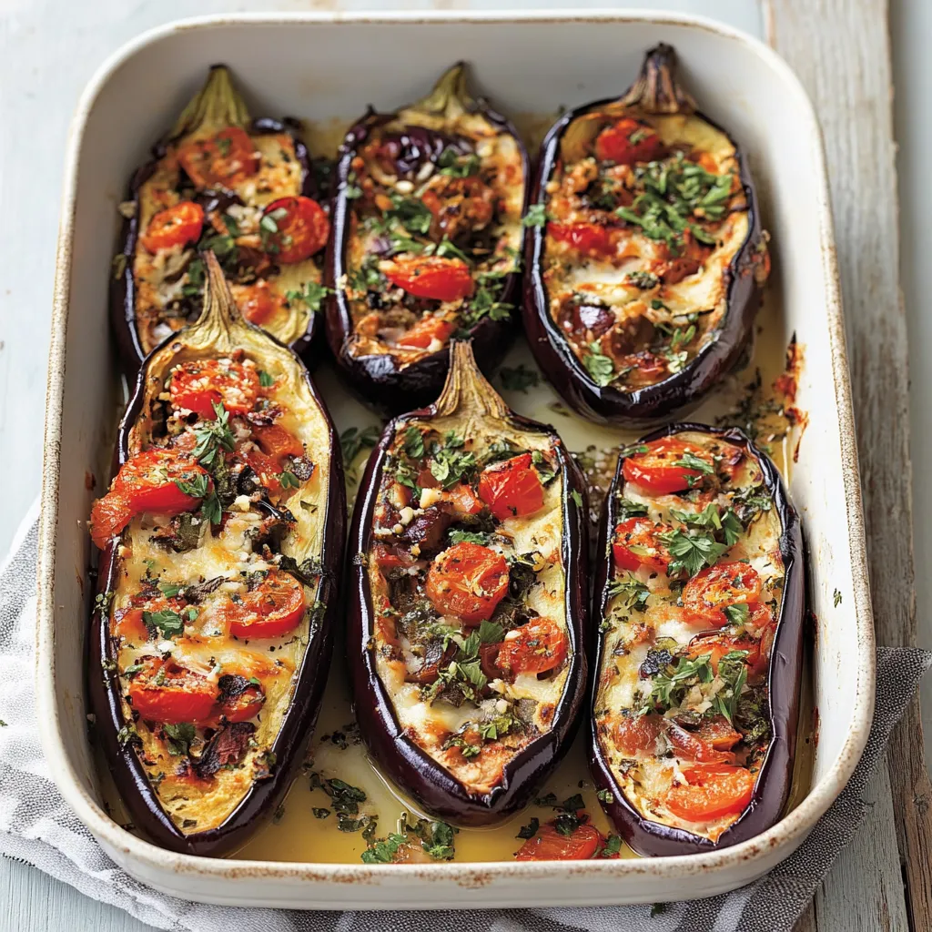Melanzane ripiene con olive e capperi cotte al forno.
