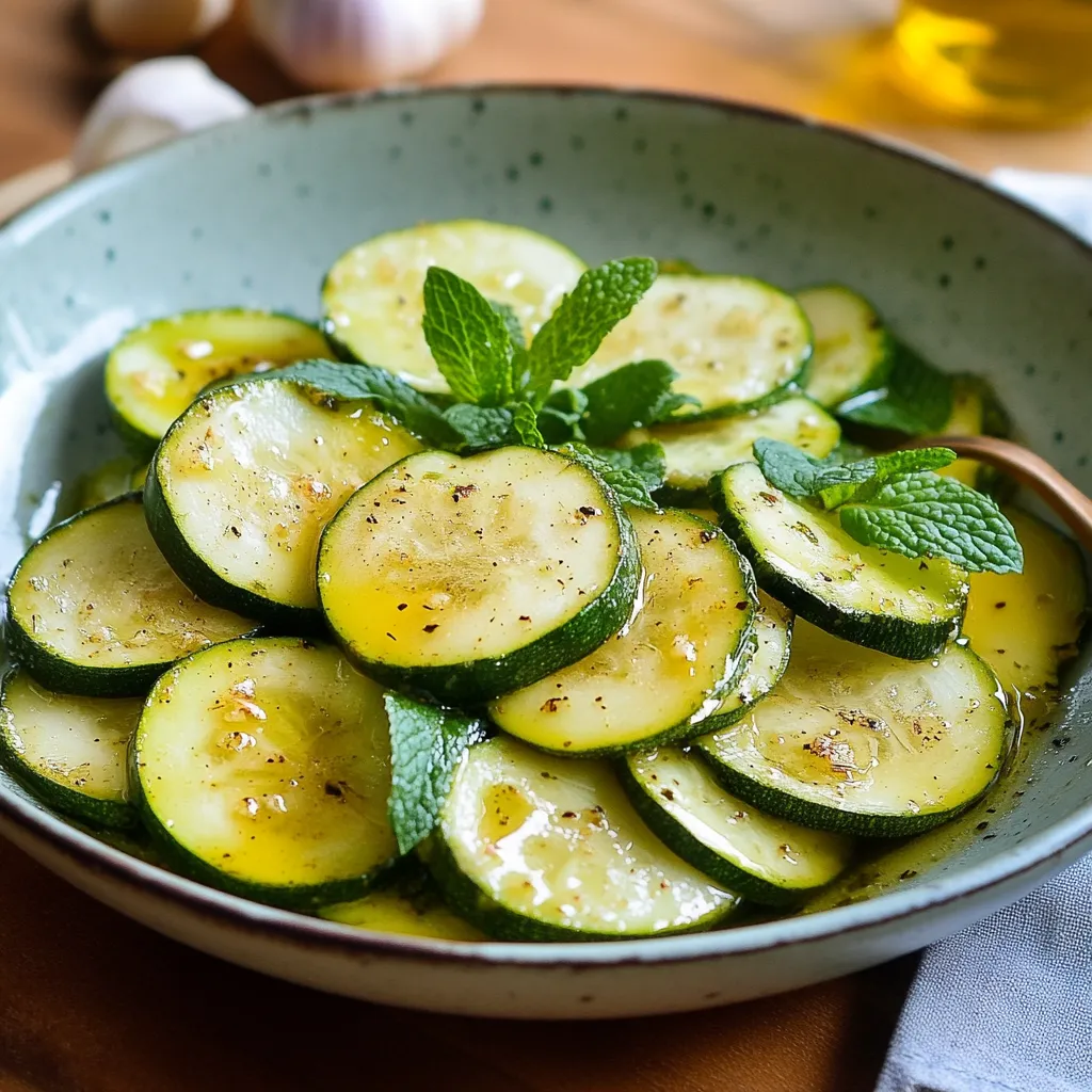 Una ciotola con zucchini e foglie di menta.