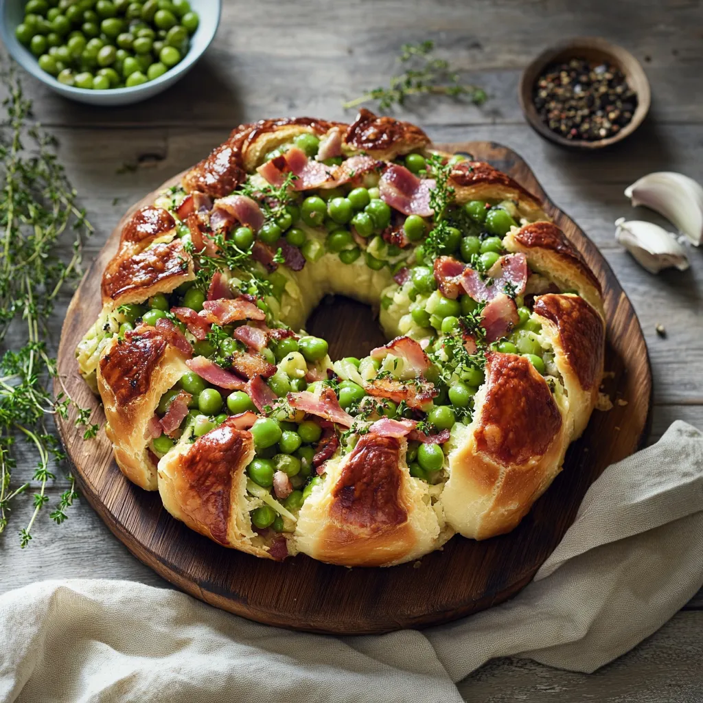 Corona rustica con legumi e pancetta dorata.