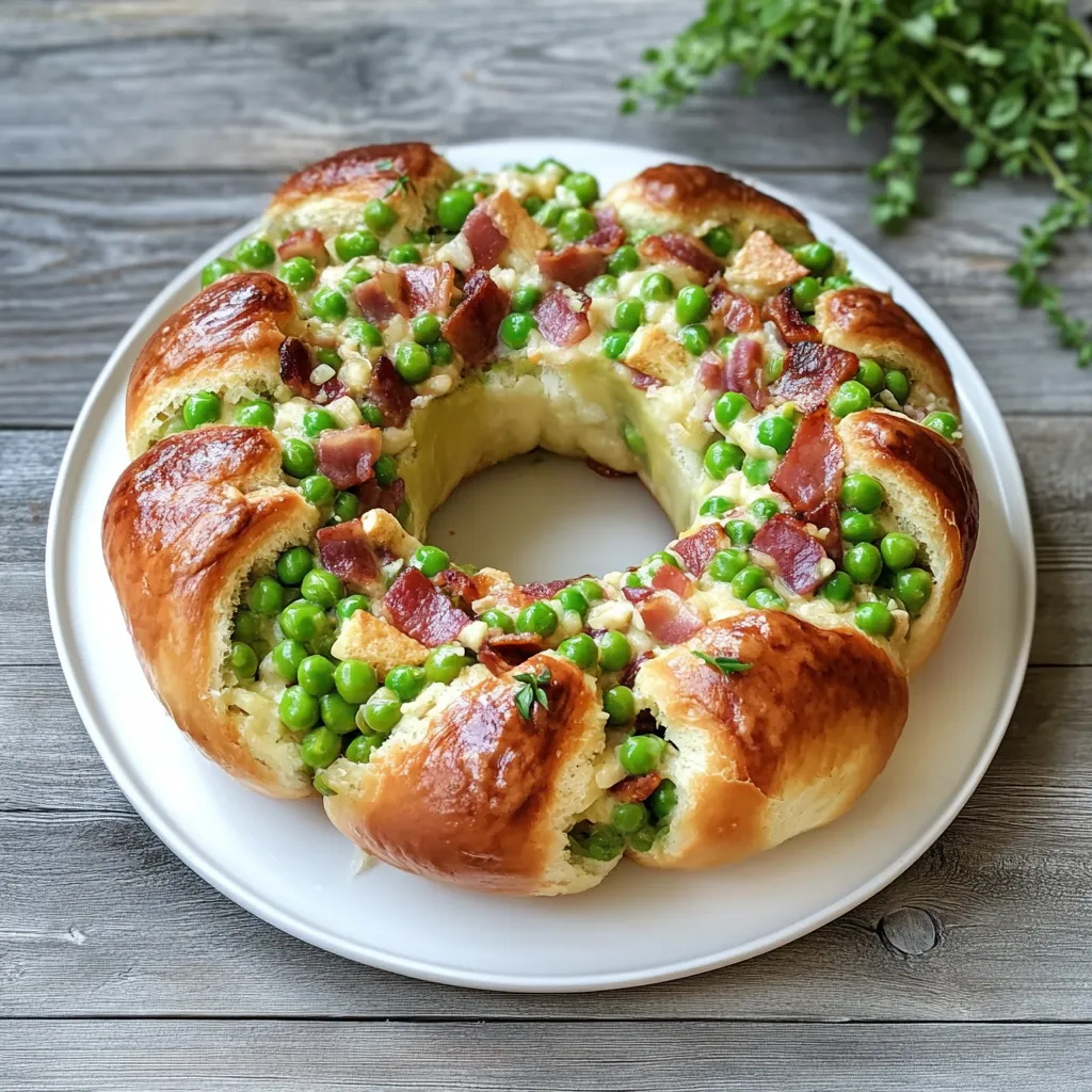 Un piatto con un dolce a forma di anello con verdure e prosciutto.