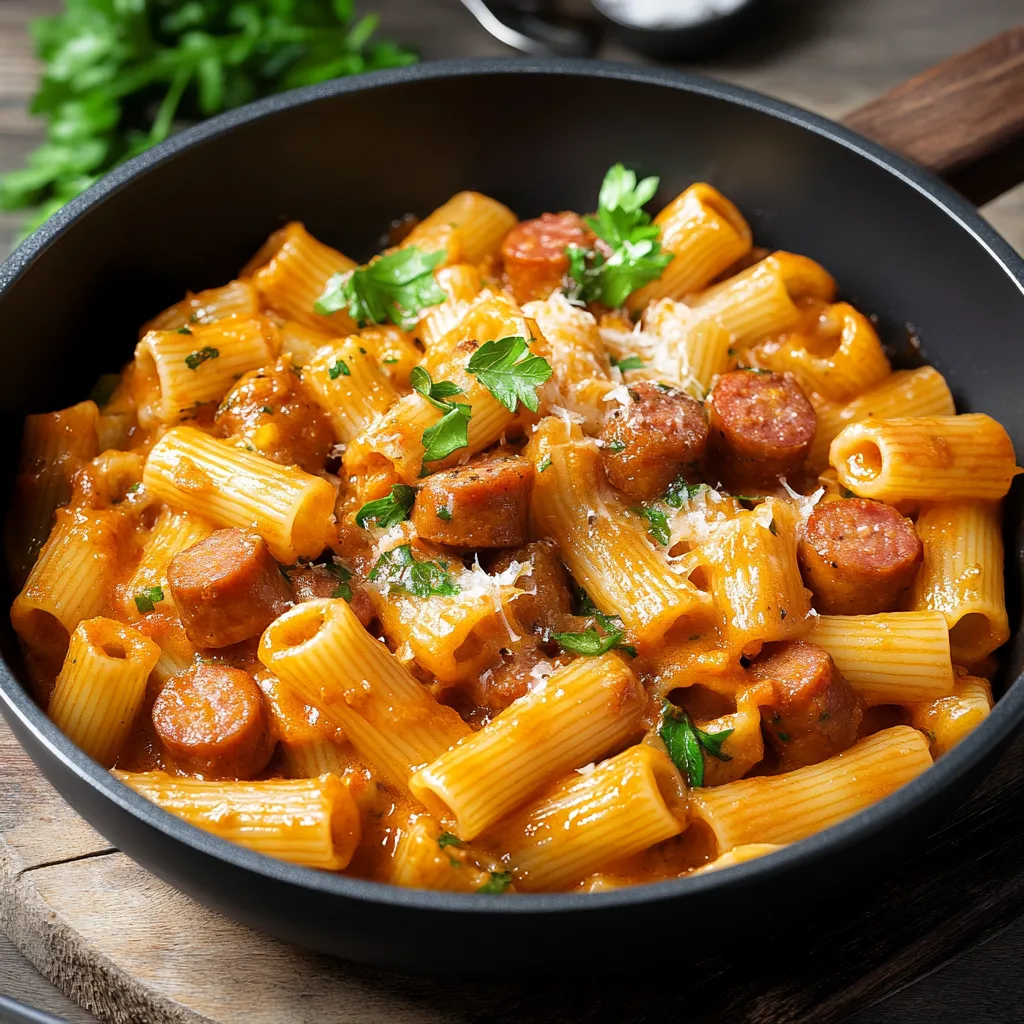 Pasta cremosa con carne e verdure.