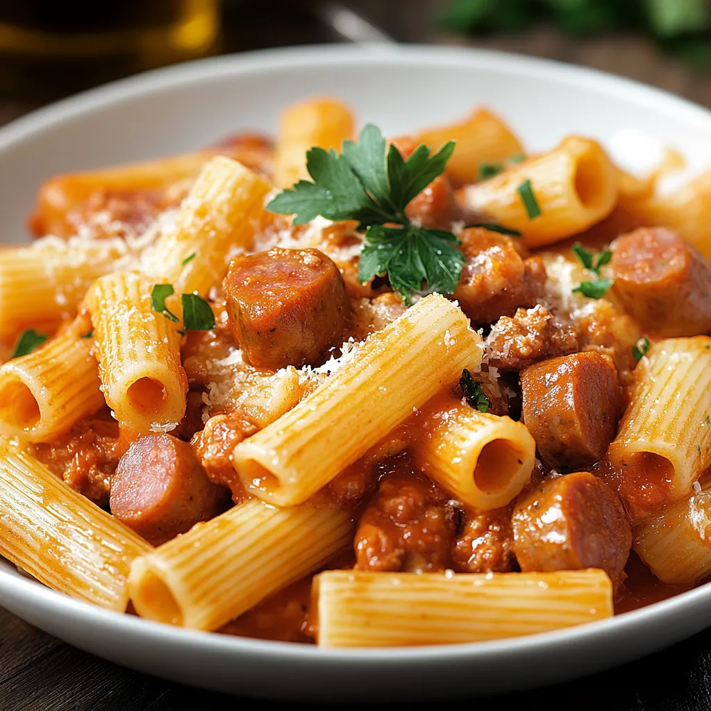 Penne con carne e verdure in un piatto bianco.
