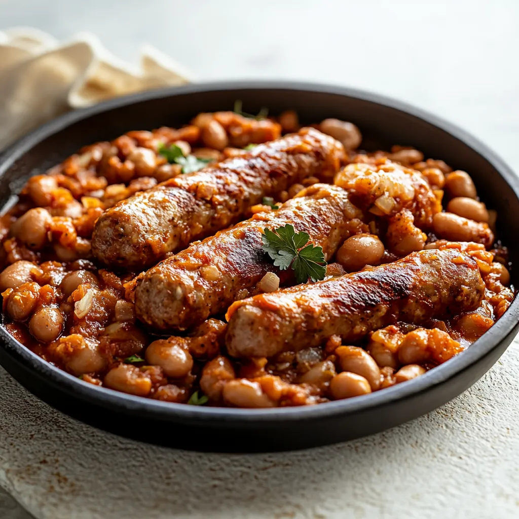 Piatto con fagioli in salsa e salsicce.