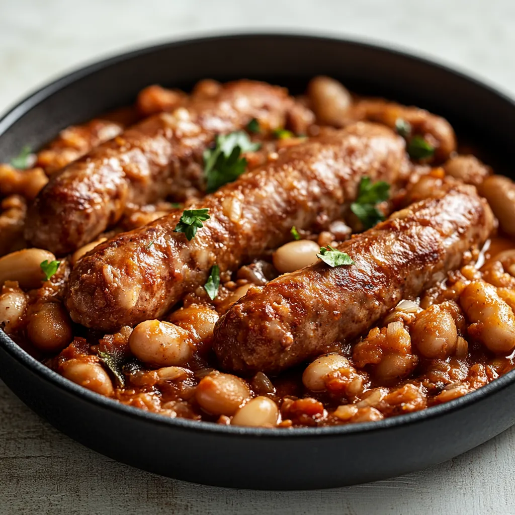Un piatto di cotolette e fagioli.