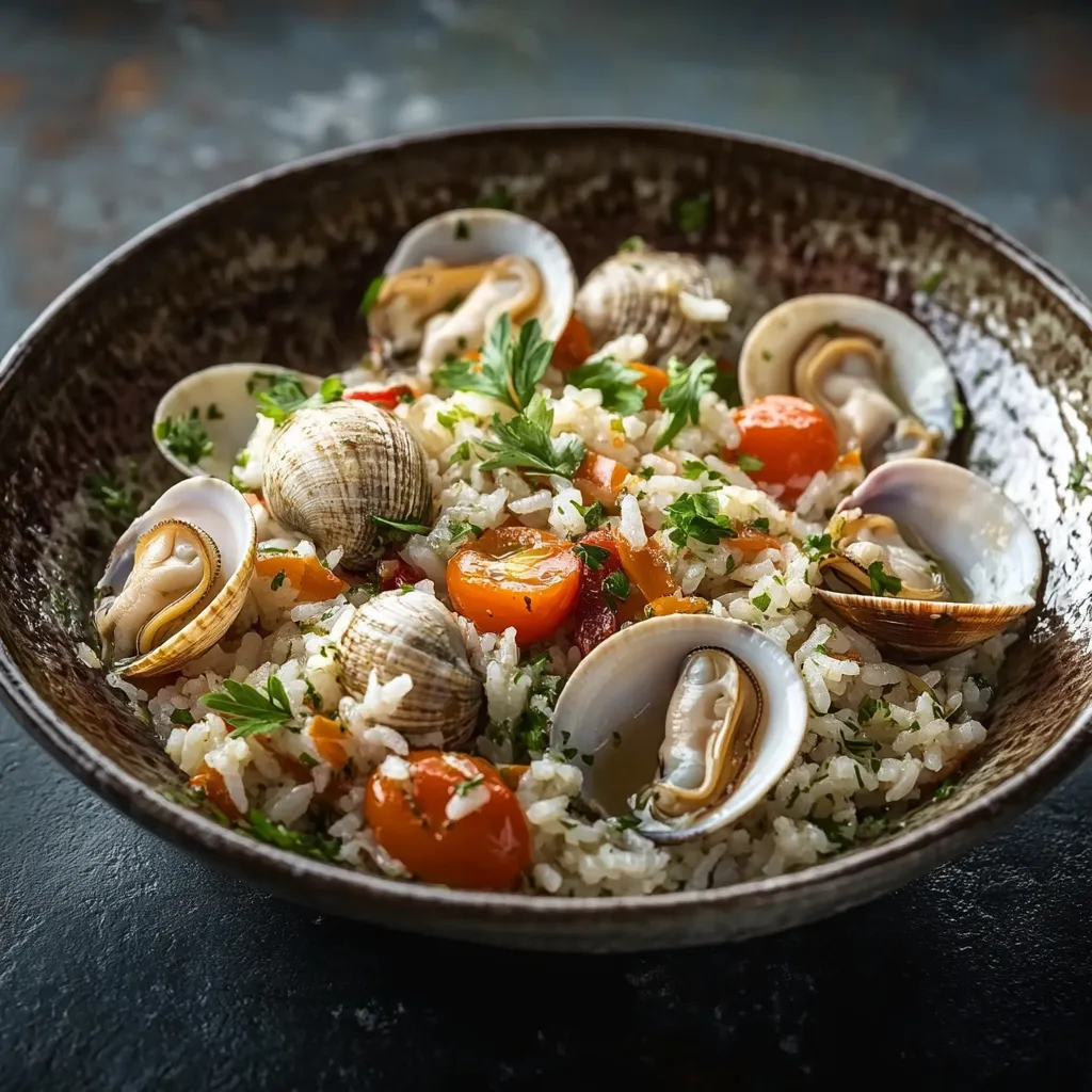 Una ciotola con riso e carne di coniglio.