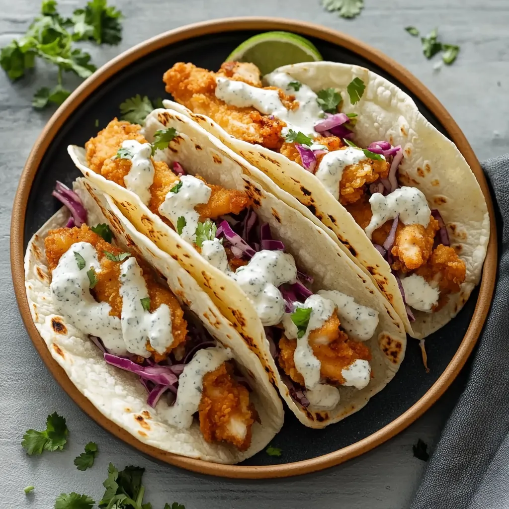 Tacos pieni di pollo fritto e verdure fresche con foglie verdi.