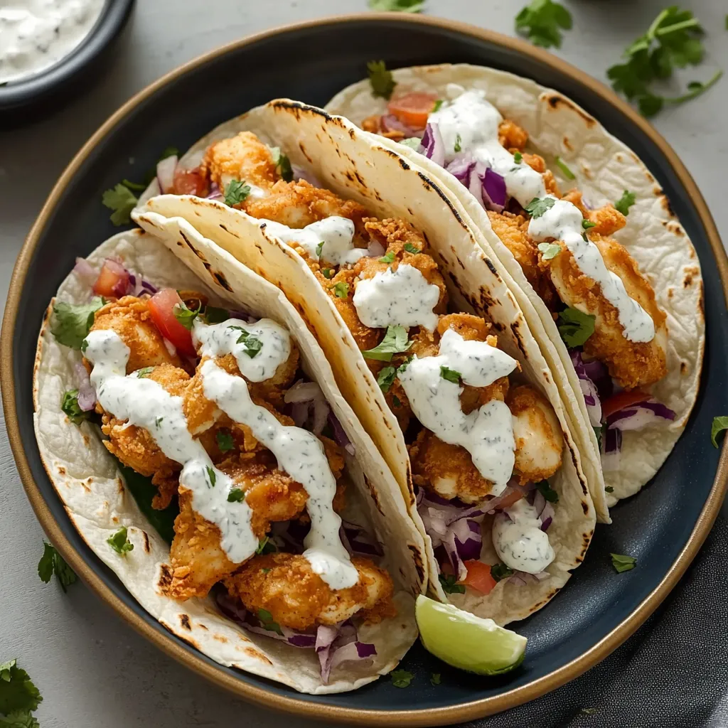 Tacos con pollo fritto e salsa cremosa.