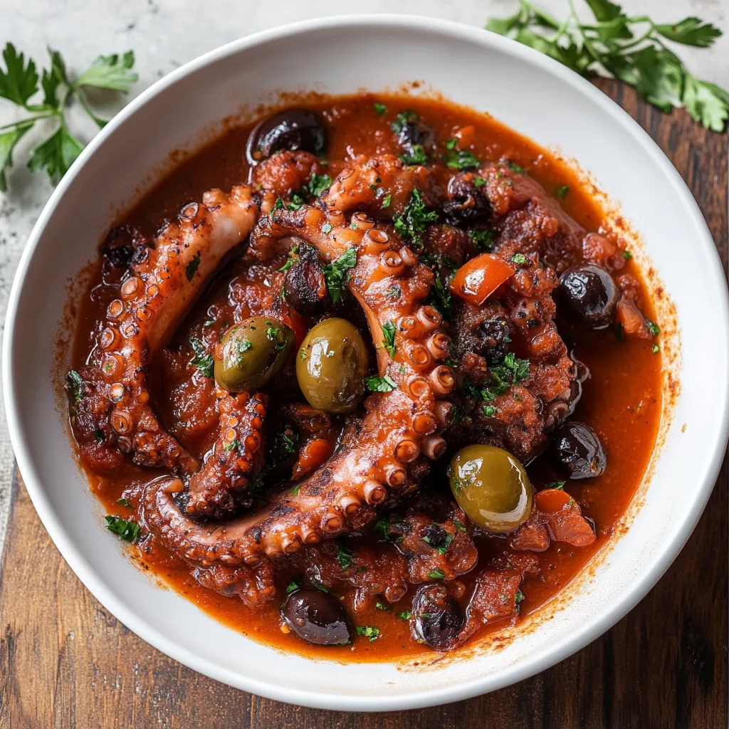 Un piatto di pasta con polpo, pomodorini e olive.