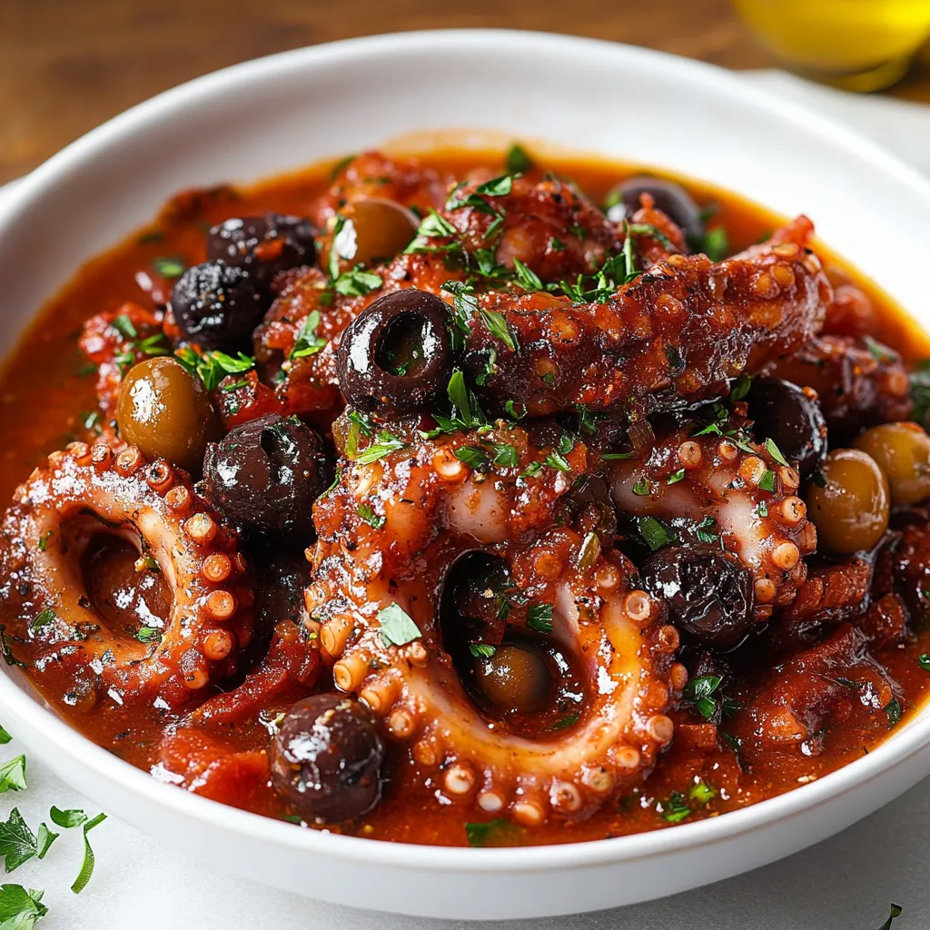 Una ciotola con polpo, capperi, pomodorini e olive.