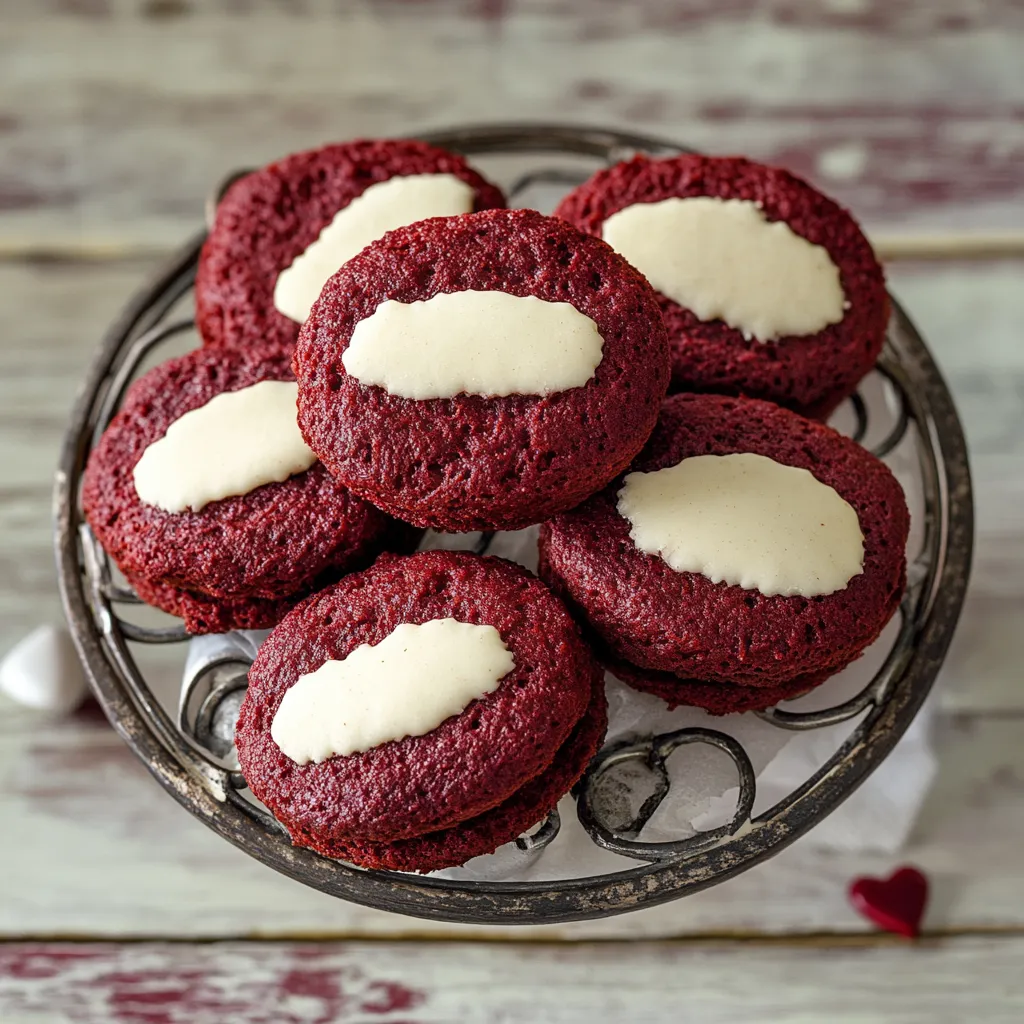 Dodici biscotti rossi con topping di cioccolato bianco su un piatto.