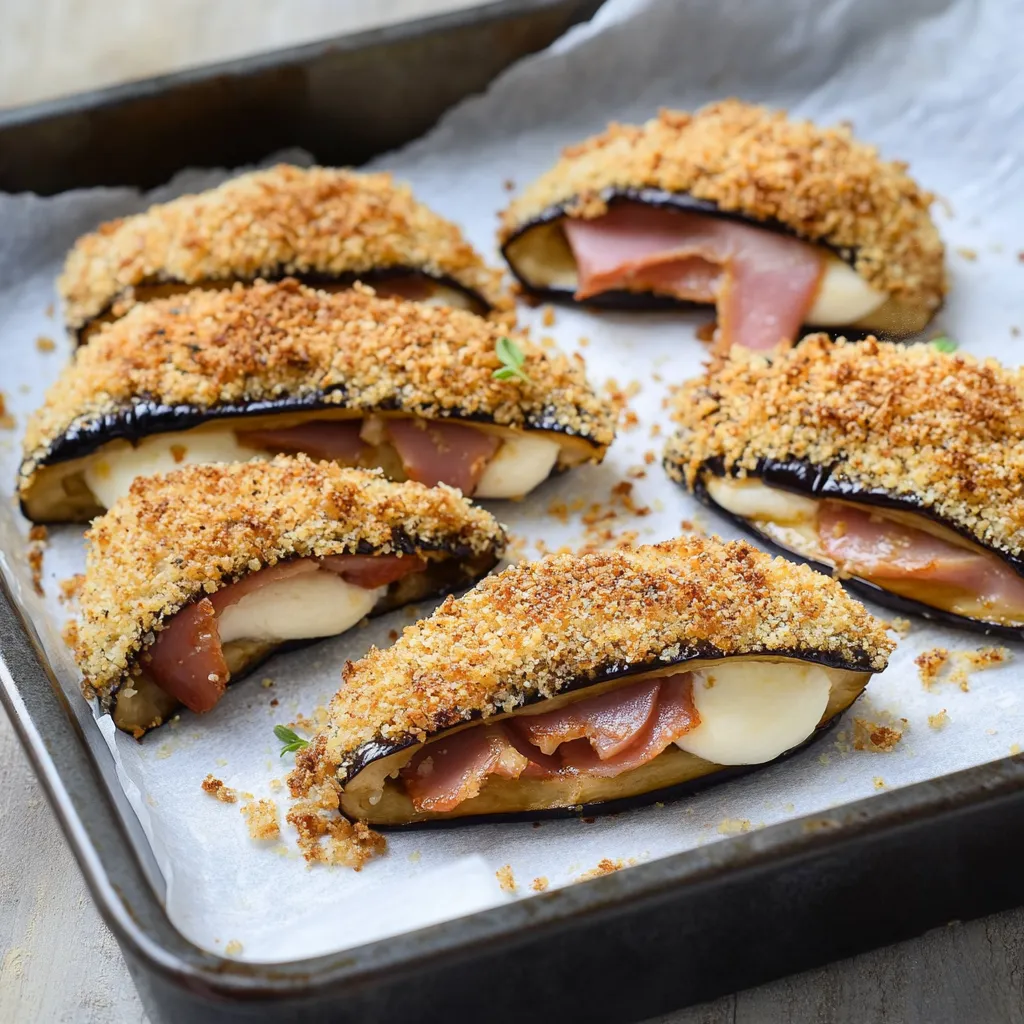 Fette di melanzana fritte, mozzarella e bacon.