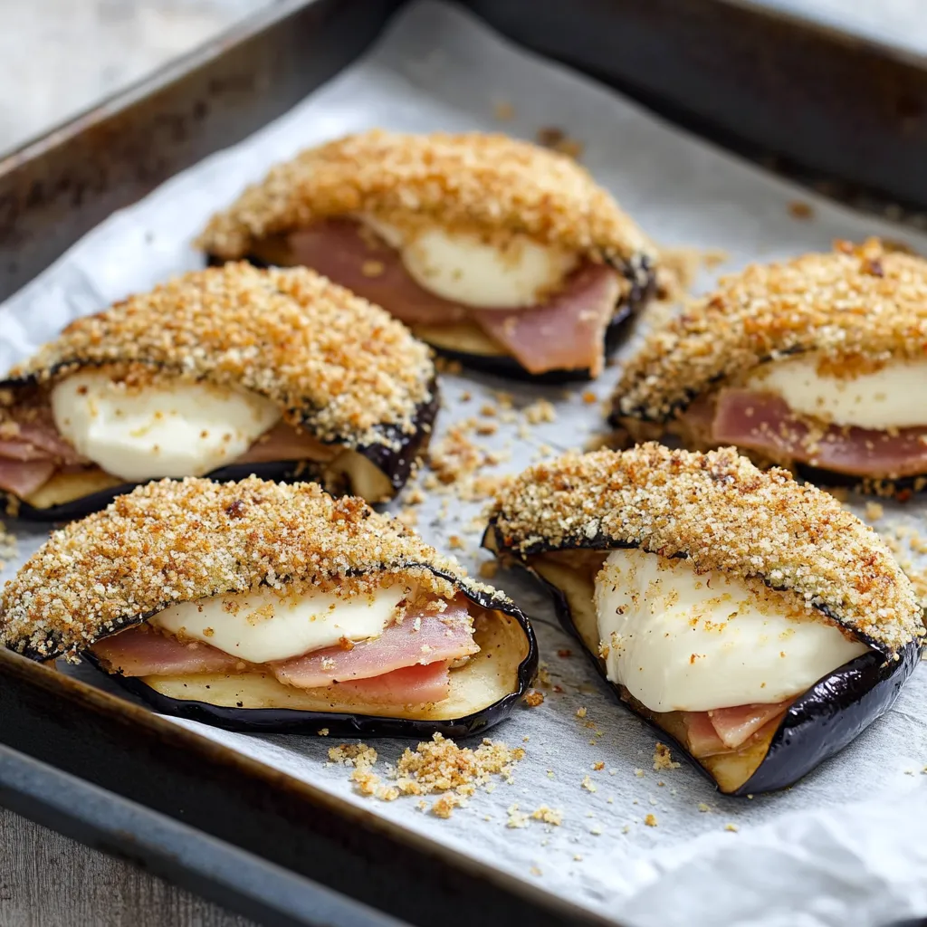 Melanzane ripiene con prosciutto su piatto.