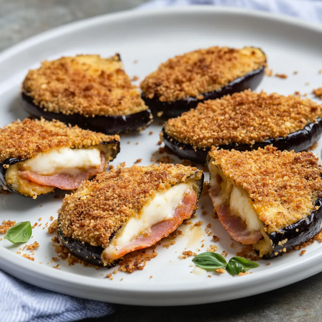 Melanzane panate con prosciutto in piatto colorato.