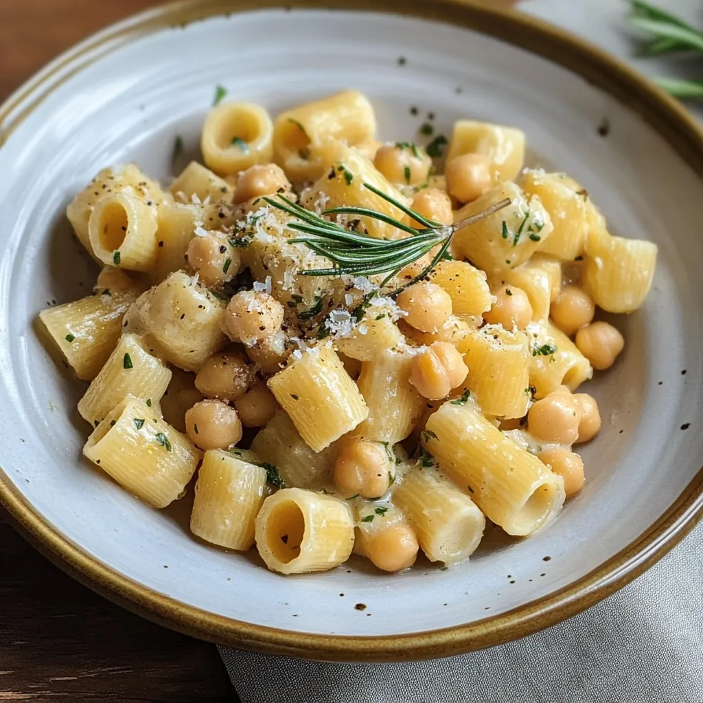 Una ciotola colma di pasta corta e ceci saltati insieme alle verdure.