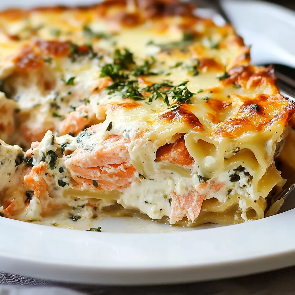 Un piatto di lasagne con ortaggi e pesce.