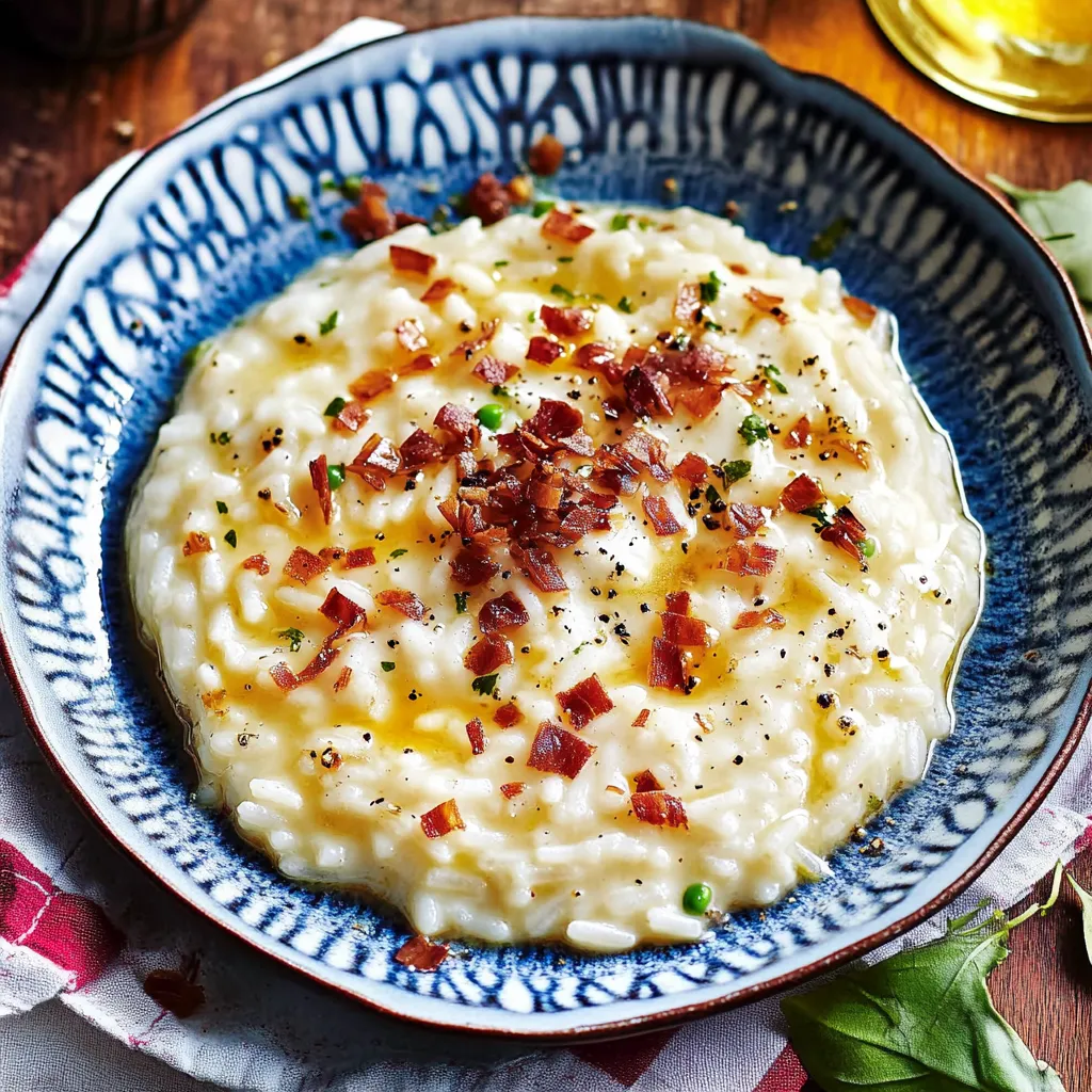 Una scodella di risotto con speck e peperoncino.