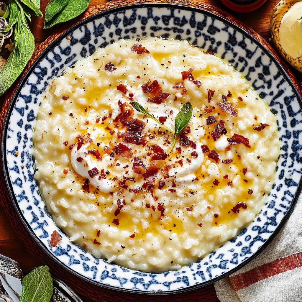Ciotola di risotto con speck ed erbe.