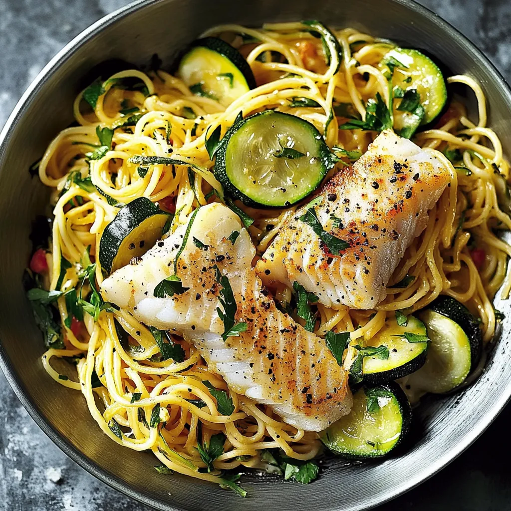 Una ciotola con spaghetti, pesce, zucchine e cipolla.