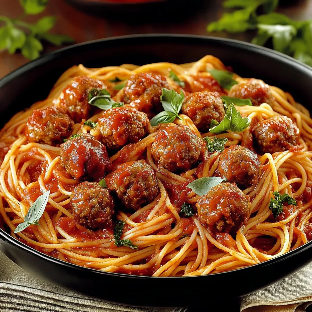 Spaghetti con polpette e verdure.