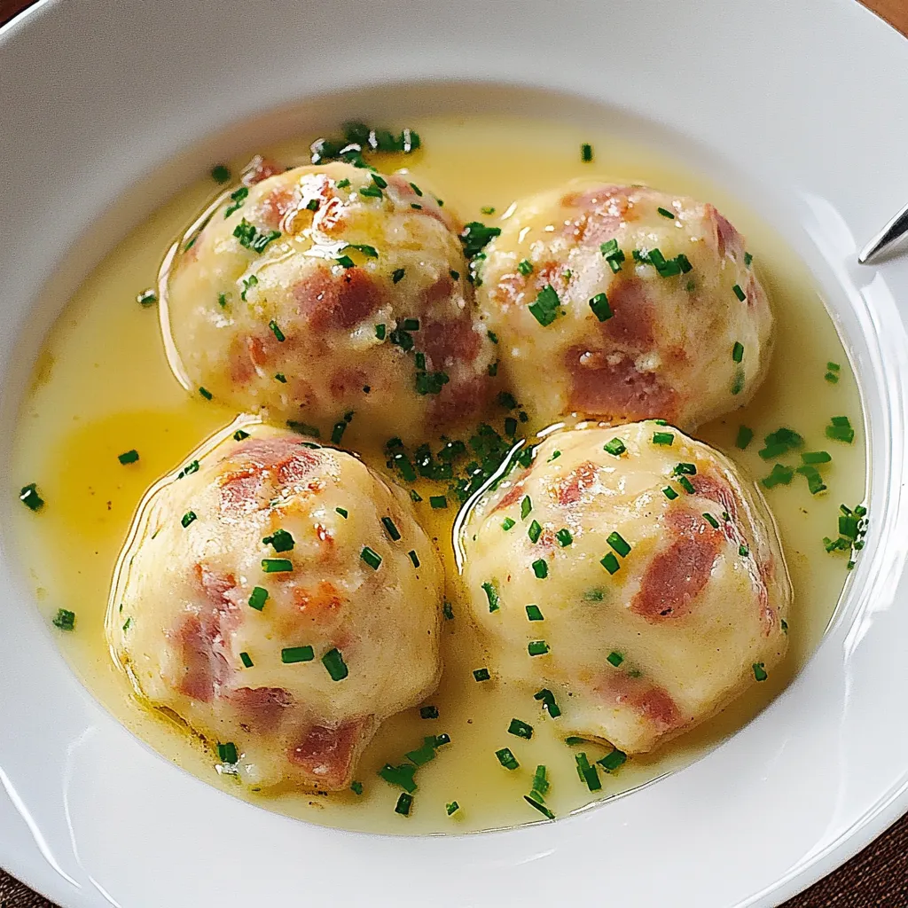 Quattro polpette di pane in brodo caldo.