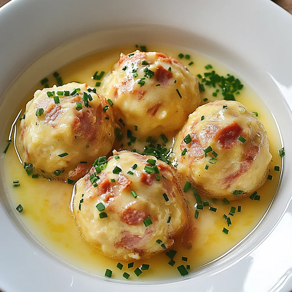 Quattro canederli in brodo con erbette.