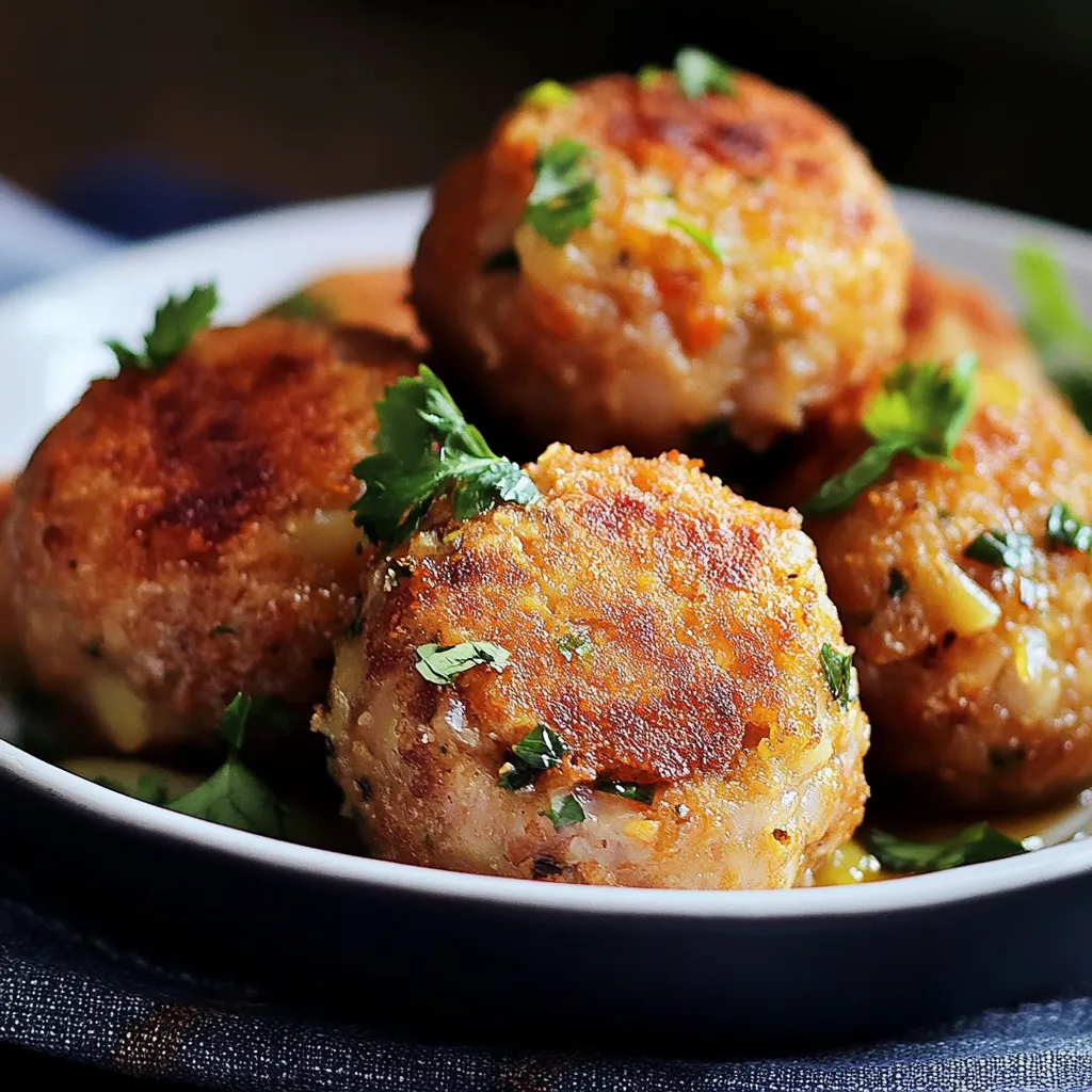 Polpette di pesce su piatto bianco con contorno.