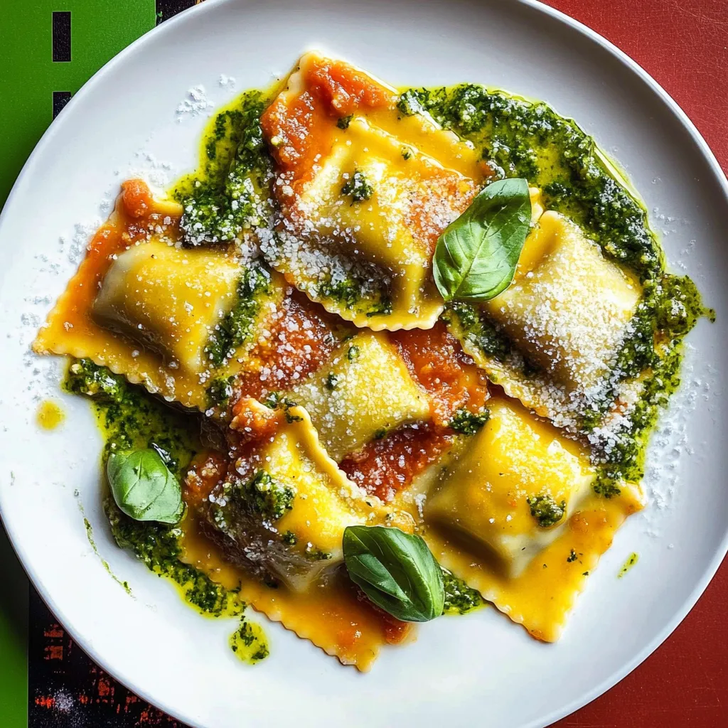 Pasta ripiena colorata con verdure.